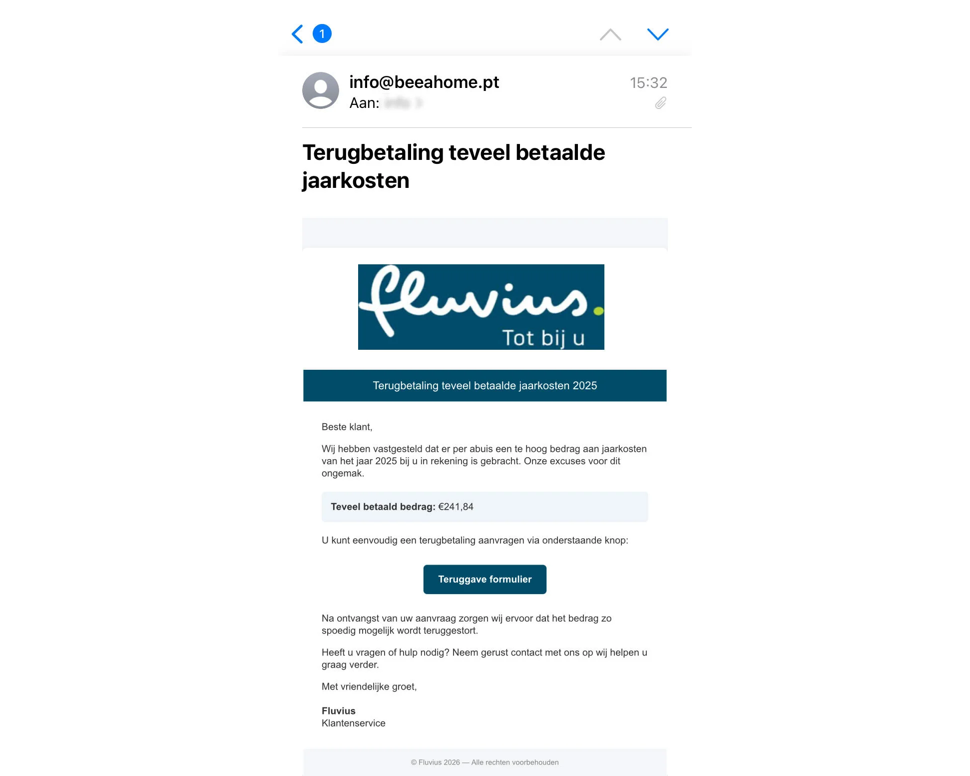 Voorbeeld 1 van een phishingbericht